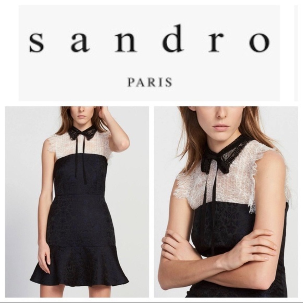 Sandro Flavia Dress Black White Eyelash Lace Flare Brocade